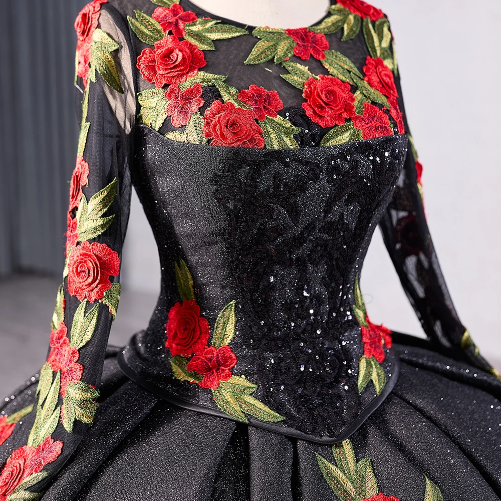 black quinceanera dresses with sleeves Black Quinceanera Dresses with Flowers,Long Sweet 16 Dresses – jkprom