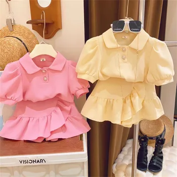 Summer Casual Girls Clothing Sets Puff Sleeves Tops + Skirts Two Pcs Suit