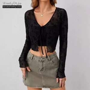 2026 Vintage Elegant European American Women's Long Sleeve Top Casual Transparent Mesh Flocked Front Skinny Button Chiffon