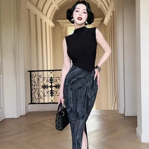 ZYHT 73933 Summer Collection Sexy Women Clothes Bodycon Knitted Sleeveless High Neck Printed Skirt Pencil Casual Daily Dress