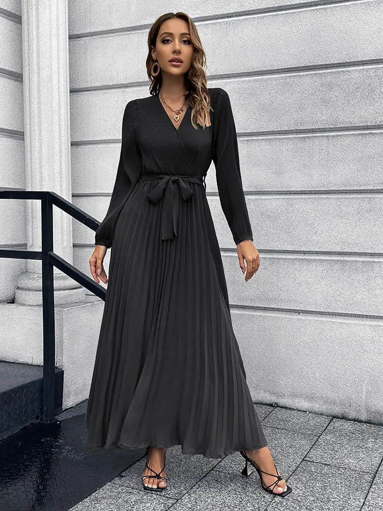 Women Solid Bohemia V-neck Long Sleeve Pleated A-line Maxi Dresses Lady ...