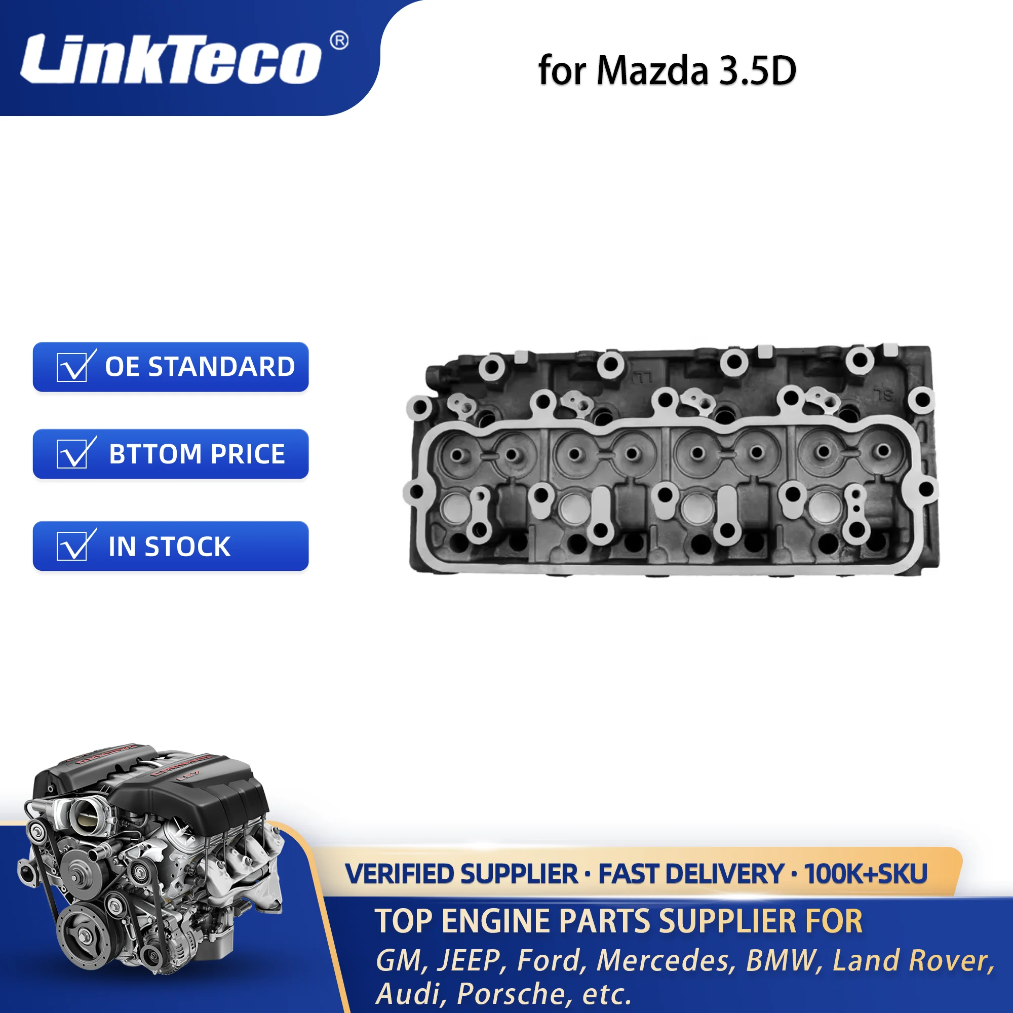 Linkteco Engine Cylinder Head Assembly for Mazda Titan 2Ton Truck T3500 3455cc SL 3.5D 8v 1990- OSL0110100E OSL01-10-100E