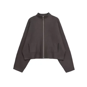 Winter Vintage European American New Women's Casual Temperament Simple Stand-up Collar Zipper Long-sleeved Woven Print