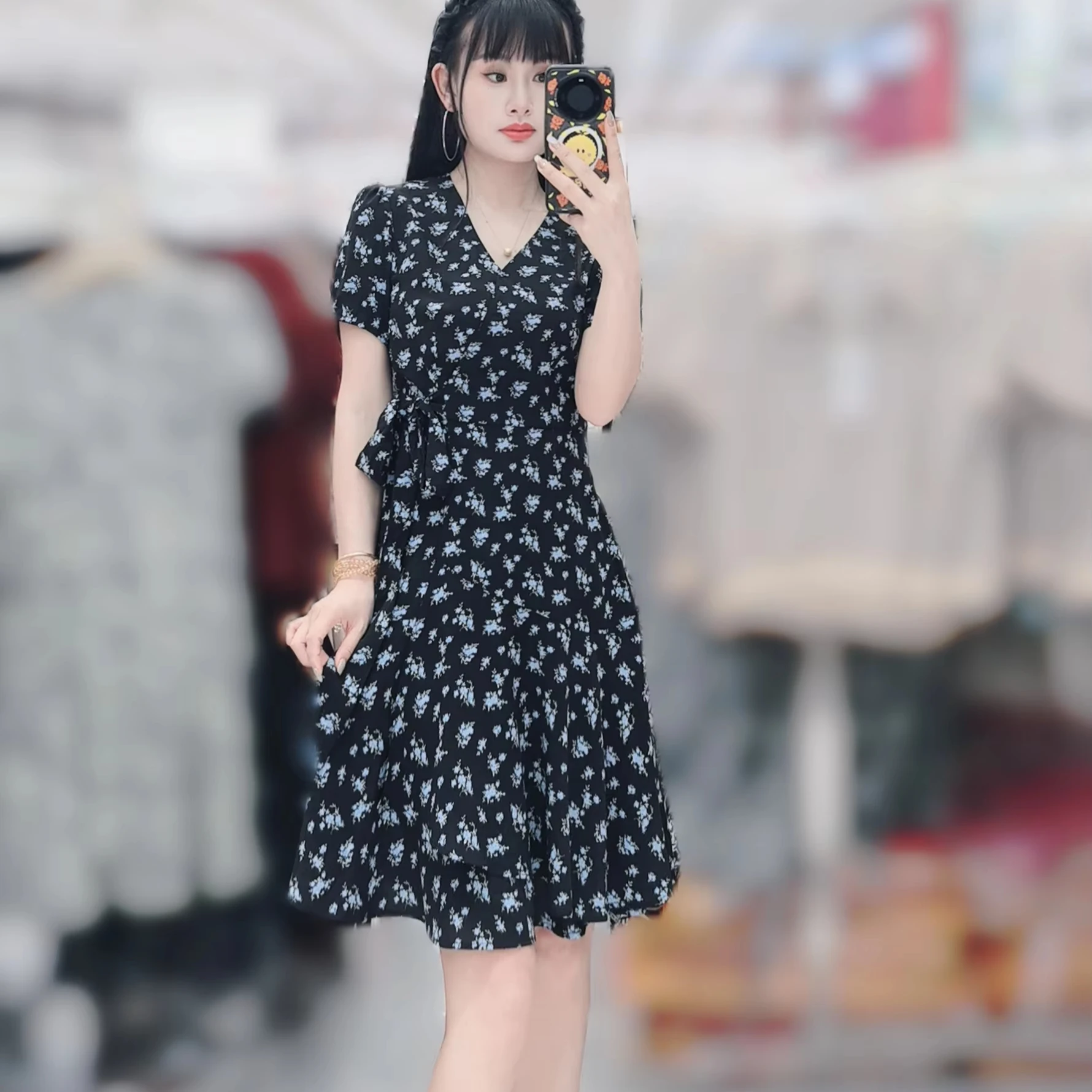 Elegant Floral Chiffon Dress V-Neck Casual Summer Short-Sleeved Digital  Print Washable Front Logo Natural Washed Zipper Pleats