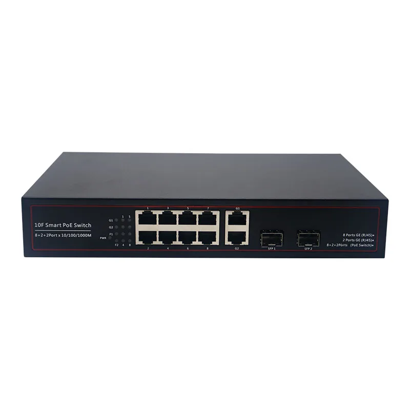 10/100/1000Mbps 8 Port PoE Switch Dengan 2 Gigabit Uplink 2 SFP 48V 96W Kuasa Melalui Ethernet 10 Port PoE Switch