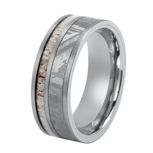 8MM Genuine Antler &Meteorite Inlay Tungsten Wedding Ring Mens Silver Wedding Rings