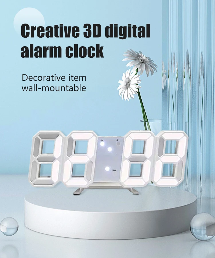 White Number Time 3d Wall Led Alarm Digital Clock With Automatic ...