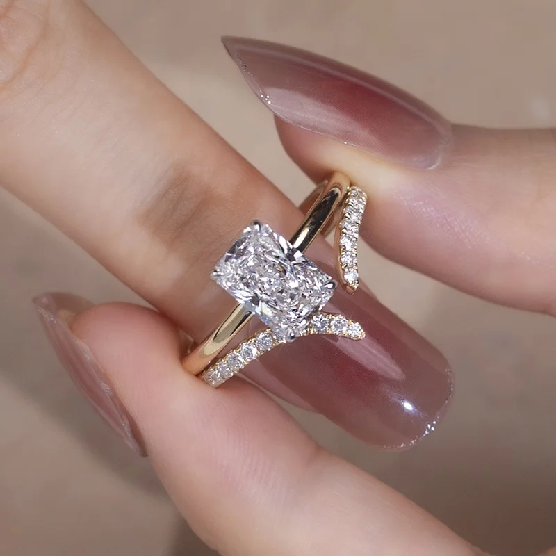 Custom Jewelry 18K Solid Gold 2ct Radiant Diamond Wedding Ring Set Diamond Jewellery Stackable Lab Grown Diamond Rings