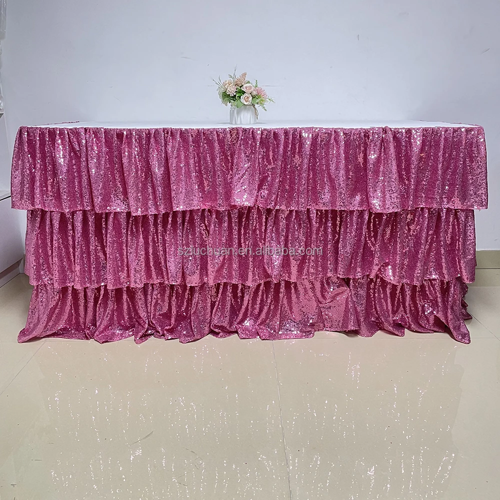 Ruffled Different Designs of Table Skirting for Birthday Purple Sequins Table Skirt for Wedding Decoration