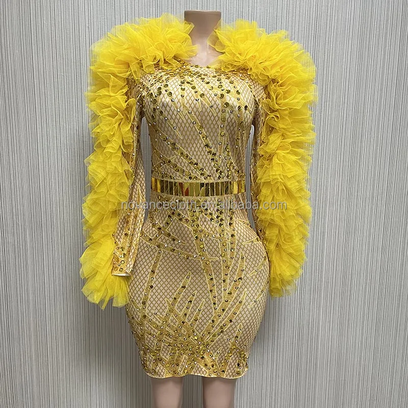NOVANCE Y1936-B Trendy Clothing Bling Sequins Yellow Puff Sleeve Dress  Unique Party Dresses Women Evening Elegance Night Club
