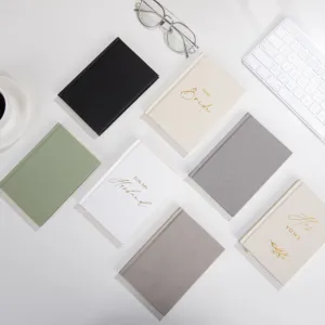 Luxury Pressed Leather Gold Stamped Photo Album Funeral Guest Wood Sing in Book With Pen Linen Vow Books for Wedding