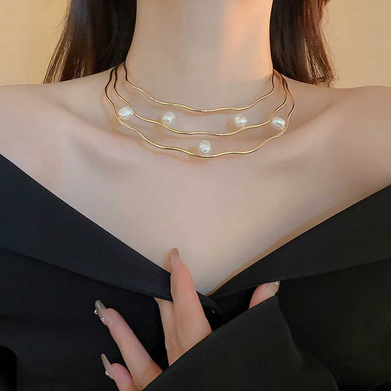 Wave Pearl Three Layer Collar European and American Cold Wind Exaggerated Design Sense Necklace
