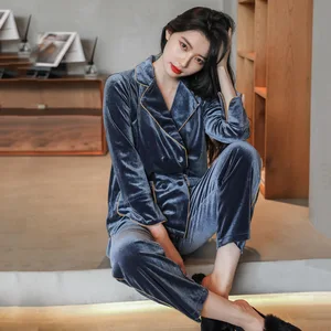 High Quality 2023 Fashion Women Pajamas Set Golden Velvet Sleepwear Luxury Style Homewear V Neck Nightwear Casual Pyjamas Femme