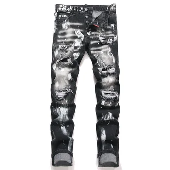 Small Straight Men's Black Jeans with Broken Patch Paint Design