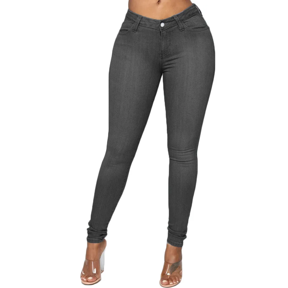 Summer Wholesale Elasticity Buttons Female Tight Denim Straight Pants