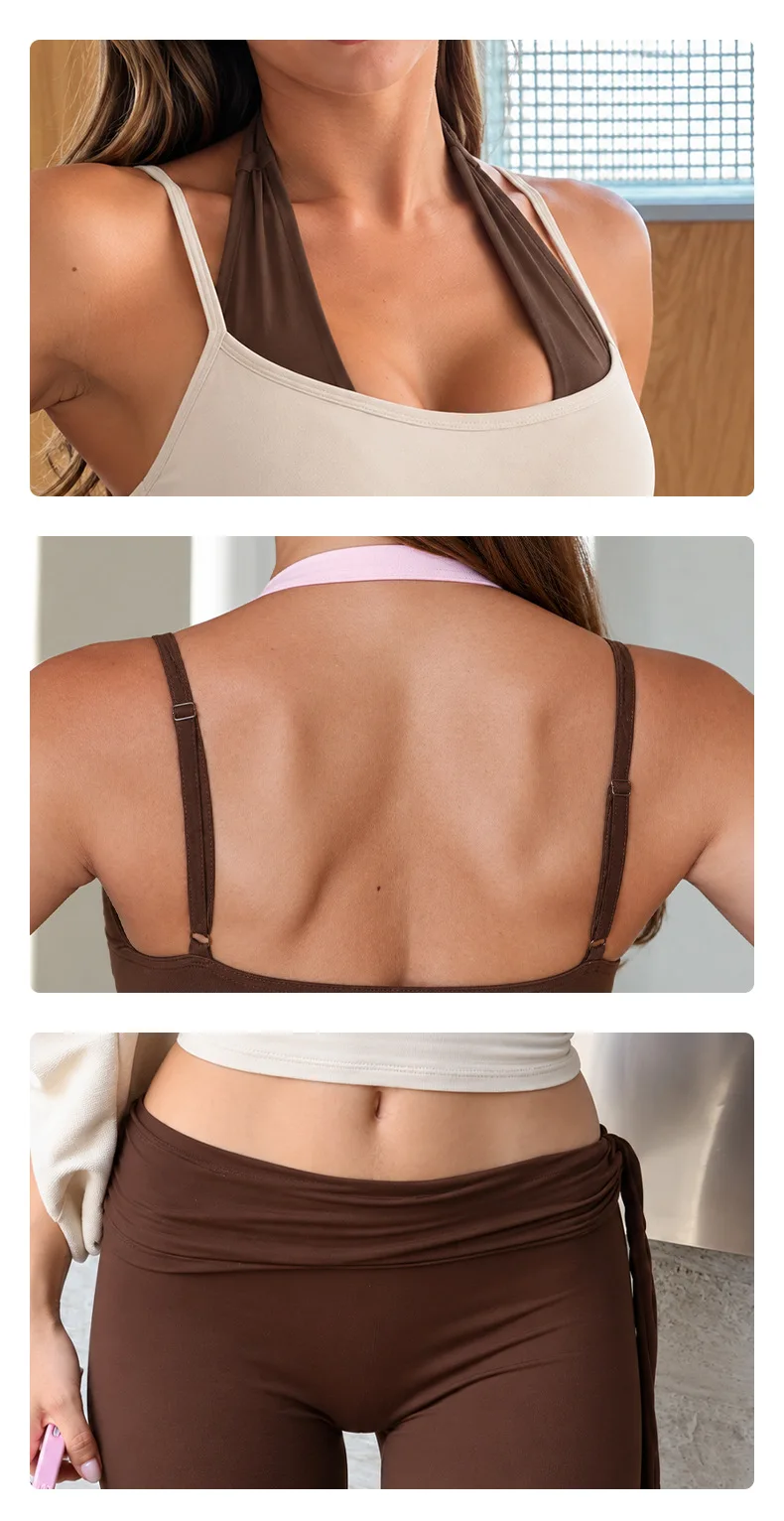 Quick Dry Yoga Set Color Block Halter Double Layer Sports Bra Self Tie Waist Flare Pants 2 Piece Fitness Outfit — detail