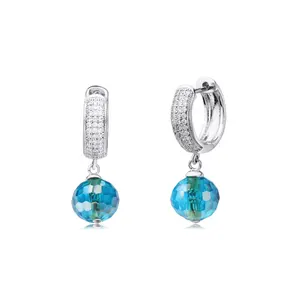Hot Selling Fine Jewelry Blue Zircon Dangle Hoop Earrings With Ball Sterling Silver 925 Earring for Girls