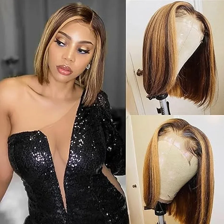 Parrucca frontale in pizzo 13x4 brasiliana Remy 100% capelli umani con mèches 4/27 parrucche corte lisce_voghion.com