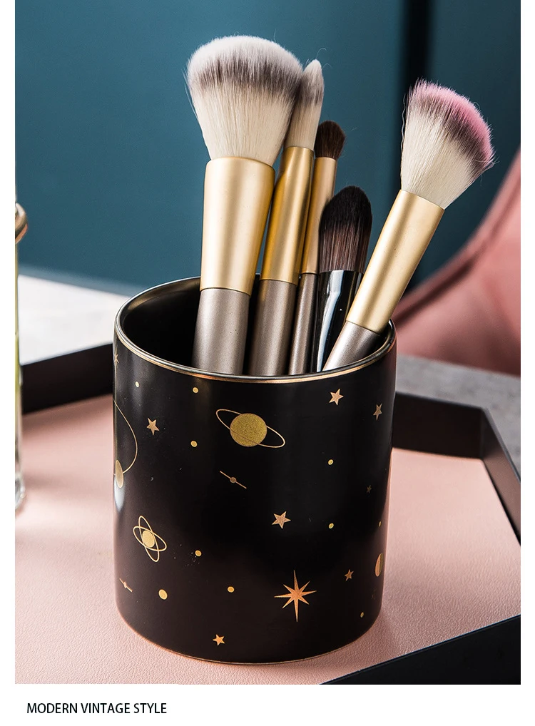 YOSCO Pen Holder Stand for Desk Cute Durable Ceramic Gold Moon Pencil Cup Pot for Kids Desktop Organizer Makeup Brush Holder Moon-Black