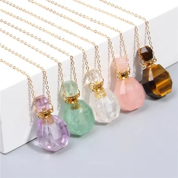 Gold Plated Stainless Steel Chain Crystal Stone Aroma Essential Oil Diffuser Bottle Drop Necklace For Crystal Jewelry