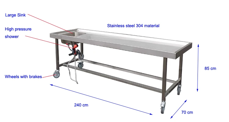 Stainless steel Morgue Autopsy Table 