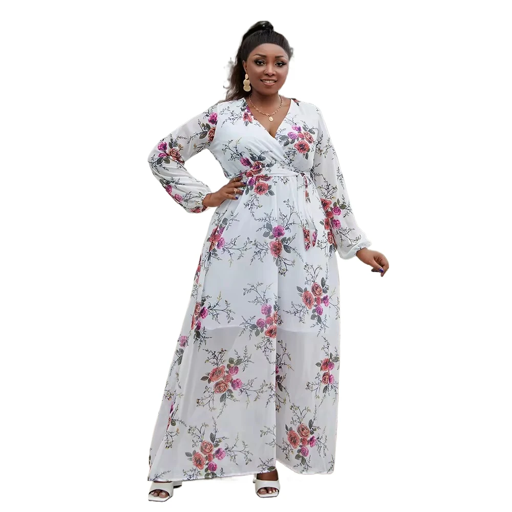 Long Sleeve Maxi White Floral Chiffon Maxi Dress Plus Size Boho