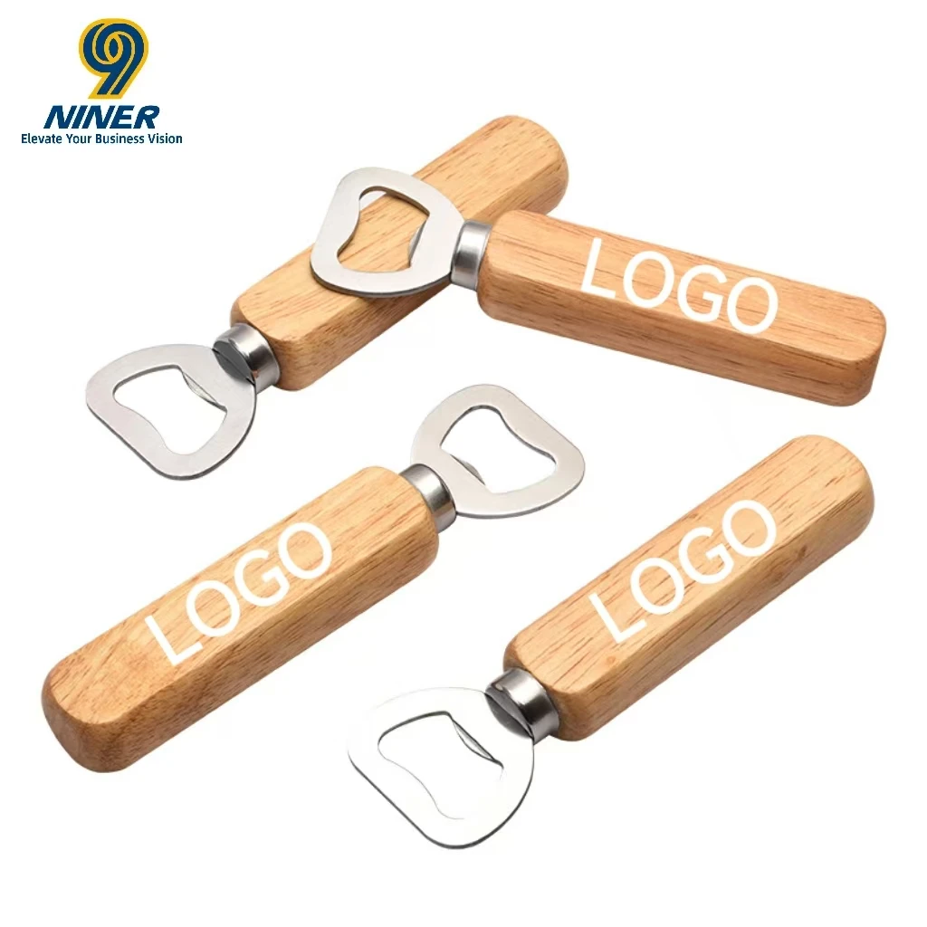 Custom Stainless Steel Bottle Opener with Rubberwood Handle and Engraved Logo