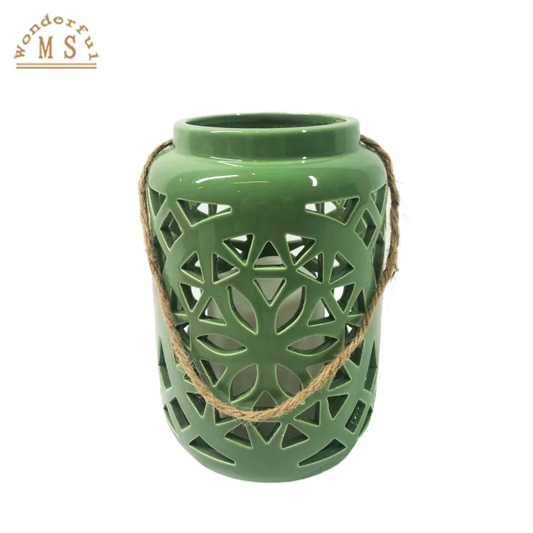 Shiny Glazed ceramic lantern for Indoor and outdoor hanging decorative assembled with plastic led candle or Tea Light Holder