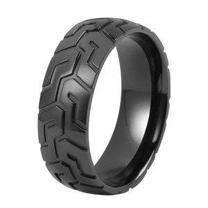 8mm Dome Custom Laser Engraving Motorcycle Tire Pattern Trendy Black Zirconium Wedding Bands for Men