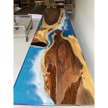 Large sized wood resin table 14ft long river dining table with high-end finish 10 seater epoxy ocean table