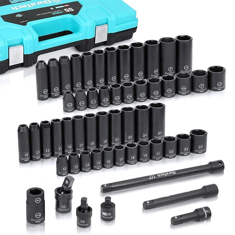 DURATECH Customized 55pc Professional 1/2 Inch Impact Socket Set With 24 Both Standard Impact Sockets and Deep Impact Sockets