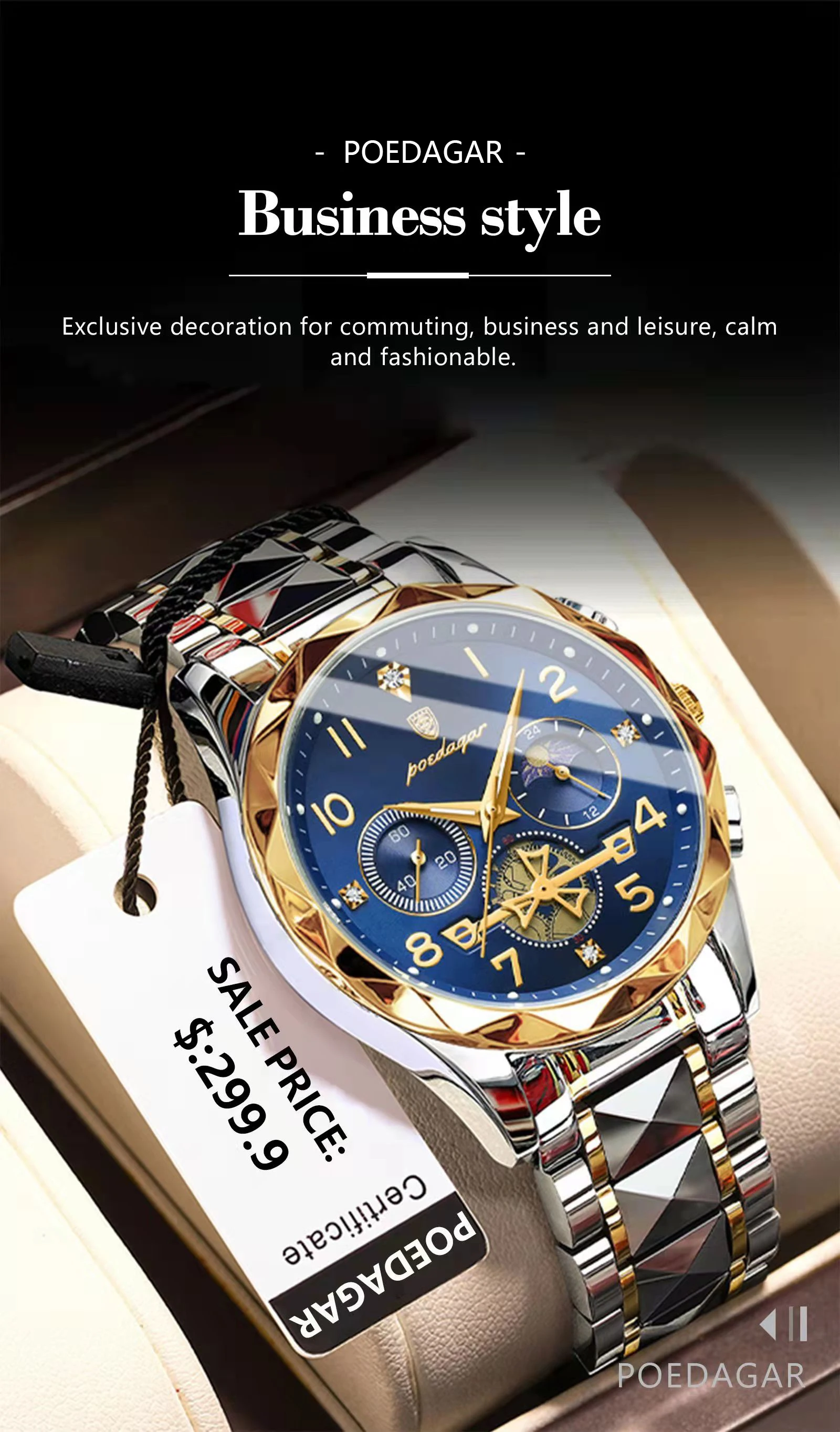 Poedagar 972黄金奢华商务手表防水计时夜光手时尚休闲男士手表Montre Relojes