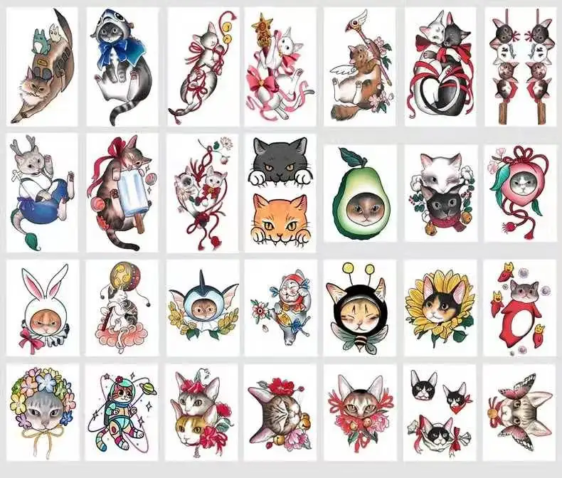 Temporary Tattoos Stickers,Animal,Cartoon,Cat And Multicolored Mixed