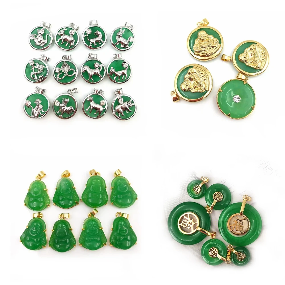 ホットセール 天然翡翠弥勒菩薩ペンダント 金メッキベゼル CZ