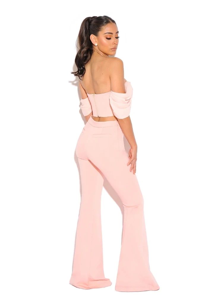 Trendy Women Sexy Shoulder Pleated Top Two Piece Set Pants Bandage Suit