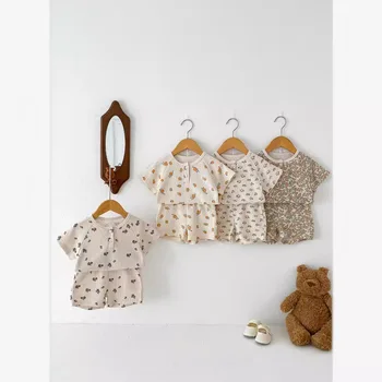 Ins Summer New Style Baby Boys and Girls Short-Sleeved Waffle Pajamas Cotton Home Clothes Casual 2pcs Baby Suit