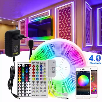 Buletooh Wireless 32ft Smart 5050 RGB Multi Color Music Sync Flexible Waterproof LED Strip Light with Remote and Power Adapter