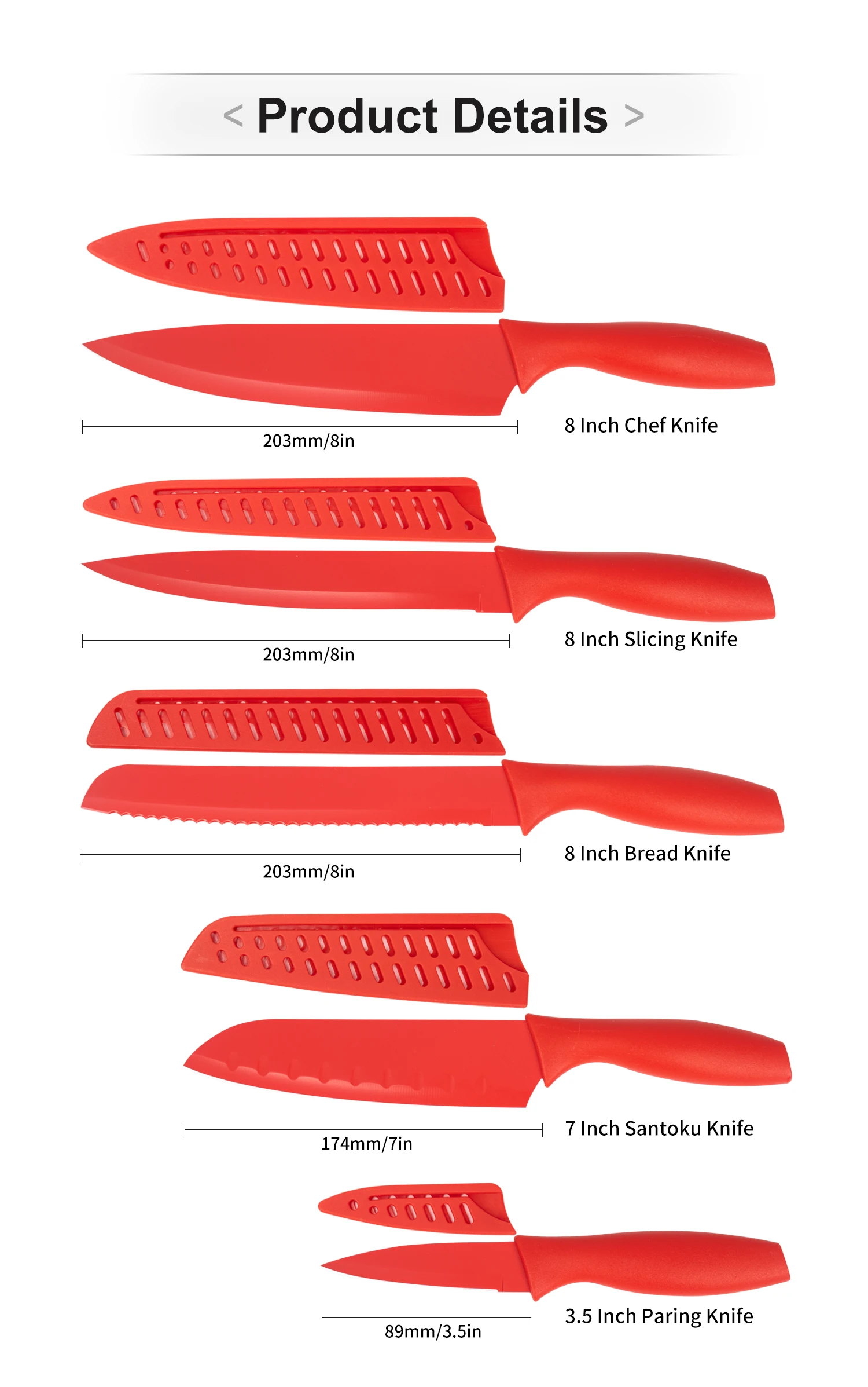 High Quality Cooking Knife Stainless Steel 10 PCS Non-stick Coated Kitchen Knife Set with Plastic Sheath