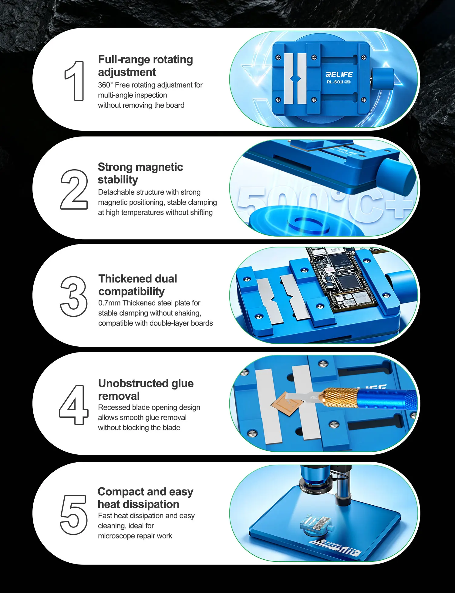 Hot Selling RELIFE RL-601I Mini Motherboard Chip Repair Mini Rotating Fixture for Motherboard Repair CPU Chip Removal