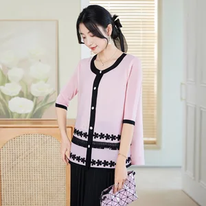 2026 Spring Summer Collection High-End Fashion Mother Coat Casual Solid Knitted Cardigan Age-Reducing Small Fragrance Neck