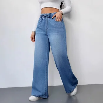 2025 New Elastic Waist Women's Jeans for Women High Waist Wide Leg Pants Straight-leg Womens Plus Size Denim Pants