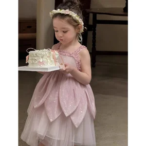 Pink Sequins Halter Top Princess Dress for Girls Embroidered Formal Wedding Layering Mesh Yarn Flower Dress