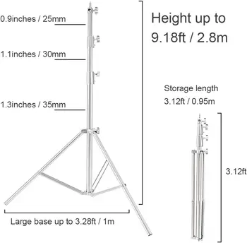 2.8m Stainless Steel Light Stand Heavy Duty Photography Tripod Stand with 1/4 to 3/8 Universal Screw Adapt Silver Color detail image
