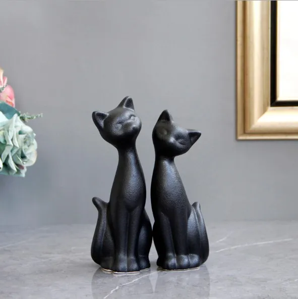 Ceramic Cat Lover Gift Cute Little Black Cat Figurine Tabletop Decoration Kitten Figurines