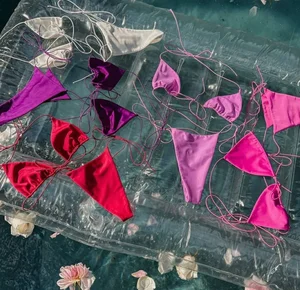 2026 Manufacturer Custom Swimwear Women Lace Solid Blank Regular Fit Swimsuit Triangle V-Strings Micro Mini Sexy 2 Set Front