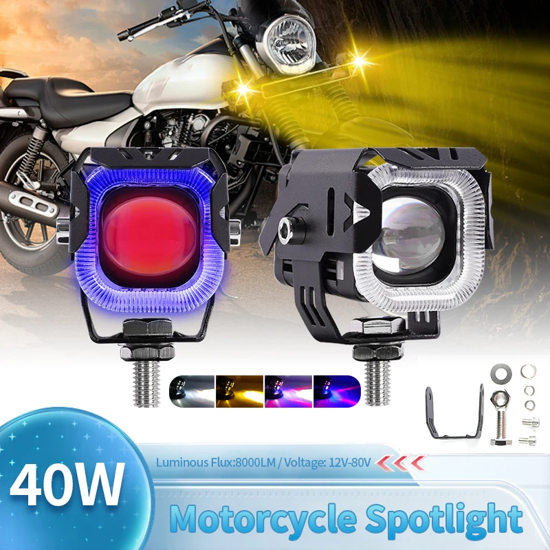 Motorcycle LED Spotlight Dual Color Hi/Low Beam Fog Lamps for ATV UTV 12V  Mini Lens Headlight Driving Light Motocross Dirt Bike