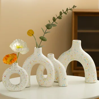 Modern minimalist flower vase home decoration Circular Hollow White Rustic Modern Ceramic Vase Round Ring Donut Vase