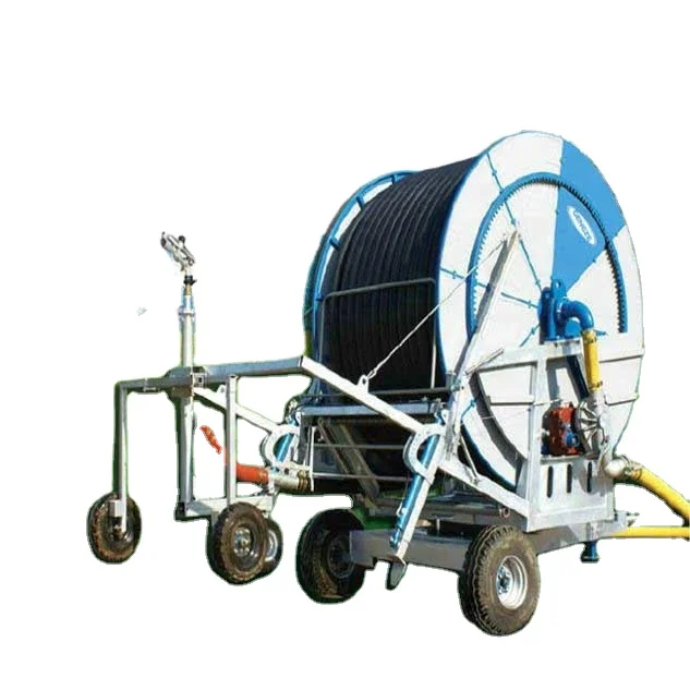 New Type Water Hose Reel Irrigation System Travelling Wheels Watering Machine With Spray Gun In Farm