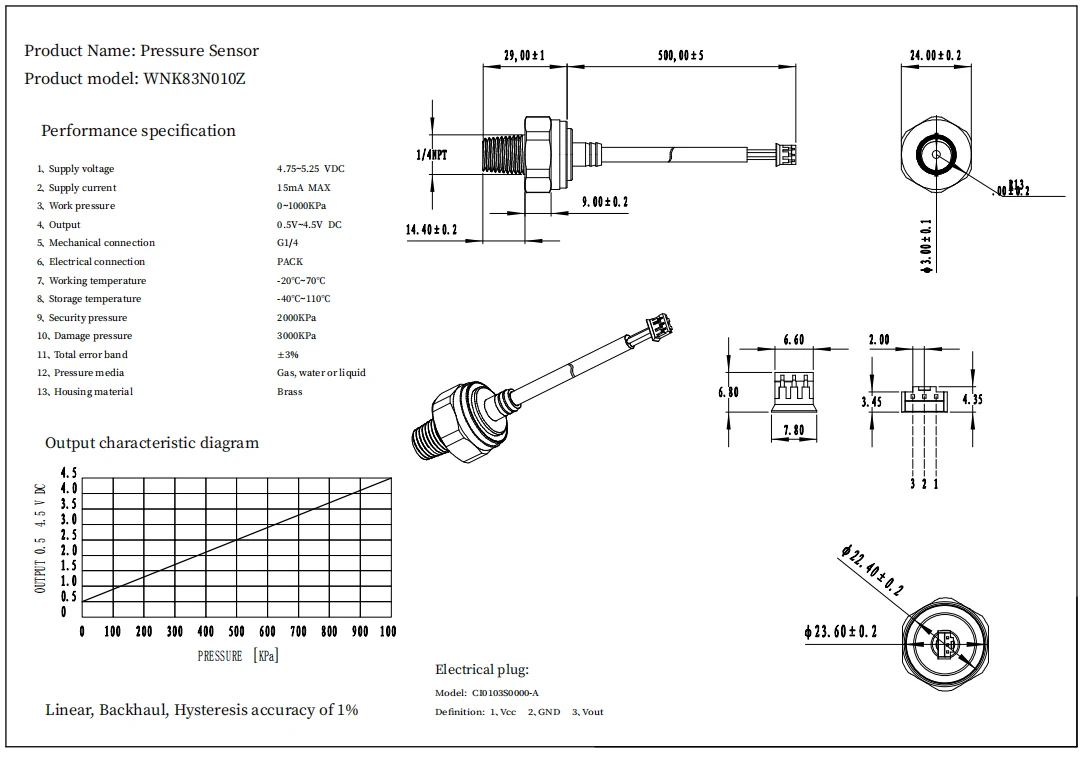Alto sensor de cobre amarillo específico de la presión de agua de la HVAC 0.5-4.5V del funcionamiento para el gas de aire