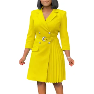 Latest Design Women's Office Church Dresses Elegant Half Sleeve V-Neck Pleated Dress Belt for Autumn Season Ladies Casual Dress